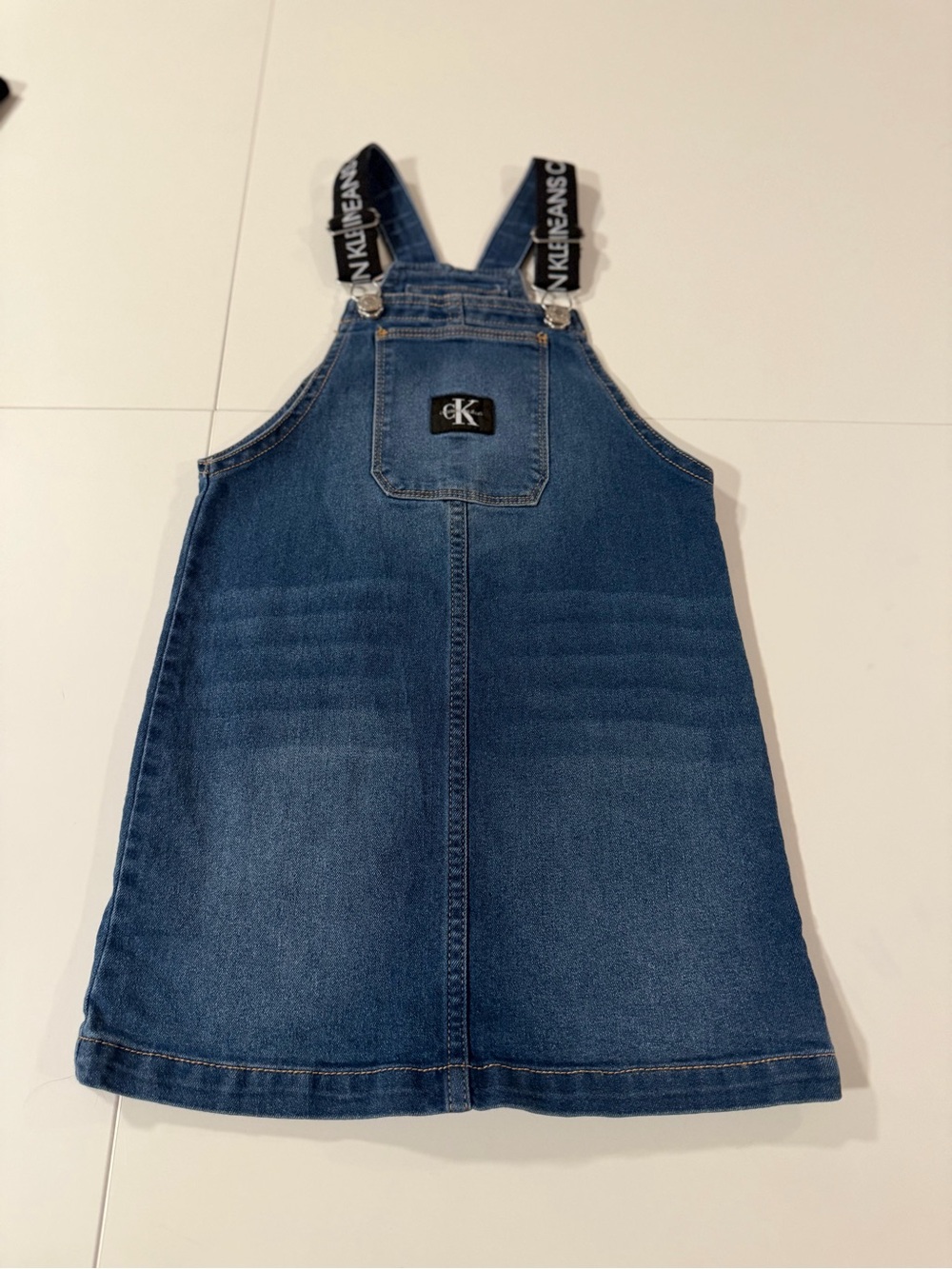 Calvin Klein Jeans Girls Denim Jumper Dress Size 6 Logo Strap Overall Dress